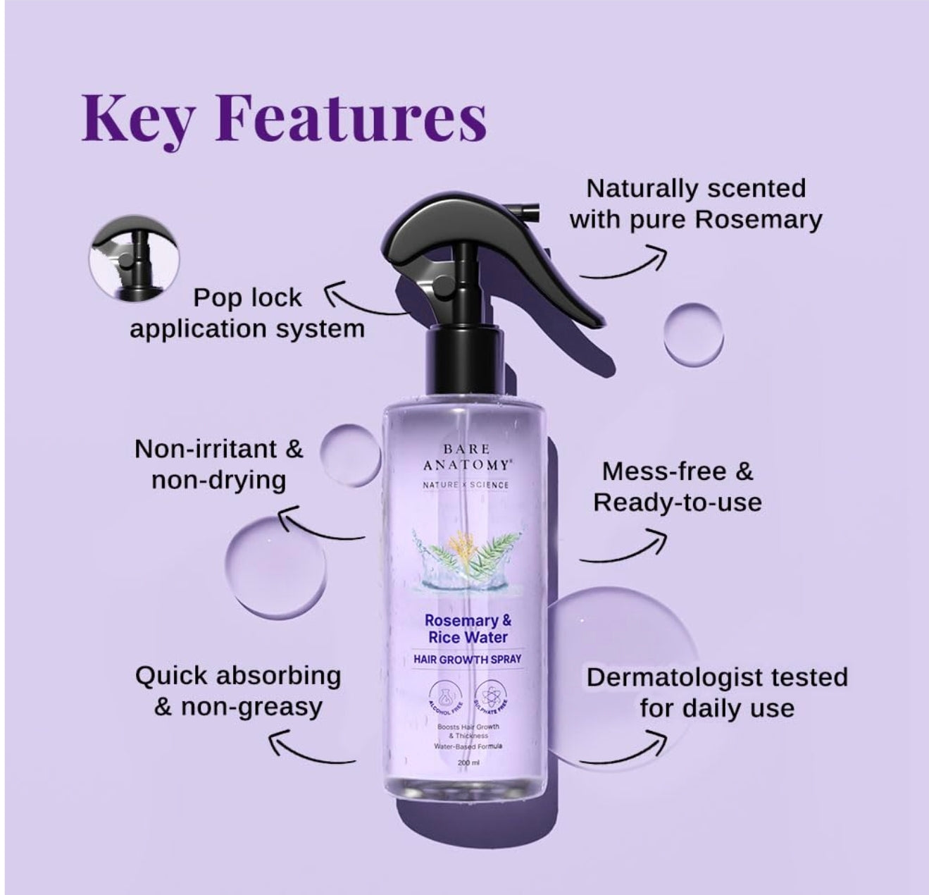Bare Anatomy Nature X Science Rosemary Water Spray For Hair Growth & Thickness With Rice Water|100% Natural Extract|Soft & Smooth Hair|Controls Hairfall & Adds Shine|Non-Greasy & Fast Absorbing|200 Ml