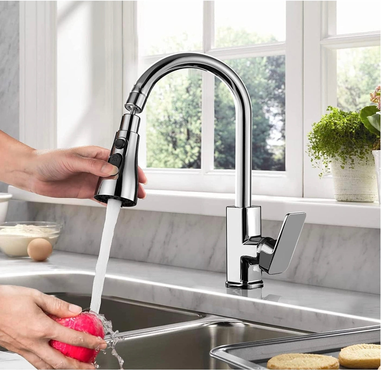 3-Mode Kitchen Faucet Sprayer Head – 360° Rotatable Universal Tap Nozzle Attachment with Stream, Spray, and Power Rinse Modes – Water Saving Faucet Aerator for Kitchen Sink, Pull Down Spray Head Replacement – Chrome Finish