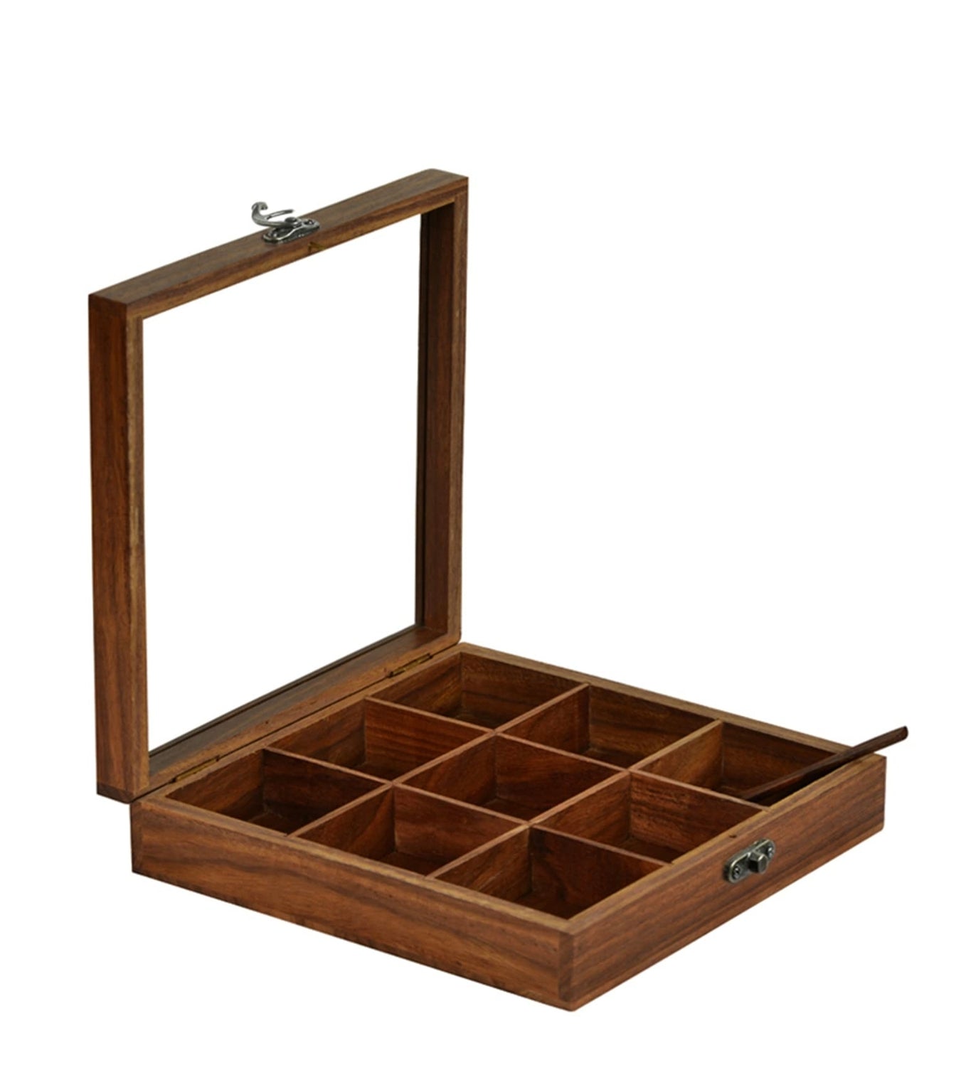 Premium Wooden Spice Box with 9 Compartments | Masala Organizer with Spoon & Transparent Lid | Traditional Indian Masala Dabba for Kitchen Storage