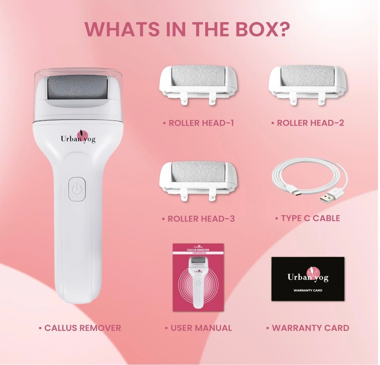 Urban Yog Electric Callus Remover for Feet – Rechargeable Foot File with Powerful Motor & 3 Roller Heads, Painless Pedicure Tool for Smooth, Soft Feet at Home