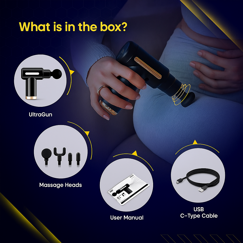 Deep Tissue Massage Gun for Pain Relief – Percussion Muscle Massager with 6 Speeds & 4 Heads, Handheld Electric Massager for Athletes, Workout Recovery & Relaxation