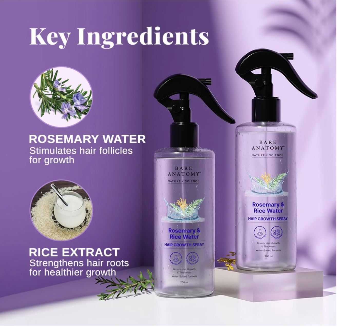 Bare Anatomy Nature X Science Rosemary Water Spray For Hair Growth & Thickness With Rice Water|100% Natural Extract|Soft & Smooth Hair|Controls Hairfall & Adds Shine|Non-Greasy & Fast Absorbing|200 Ml