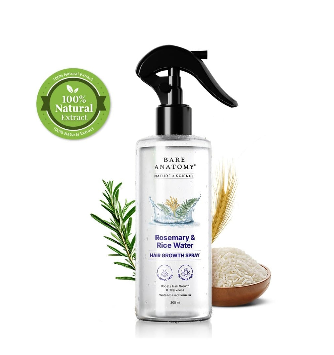 Bare Anatomy Nature X Science Rosemary Water Spray For Hair Growth & Thickness With Rice Water|100% Natural Extract|Soft & Smooth Hair|Controls Hairfall & Adds Shine|Non-Greasy & Fast Absorbing|200 Ml