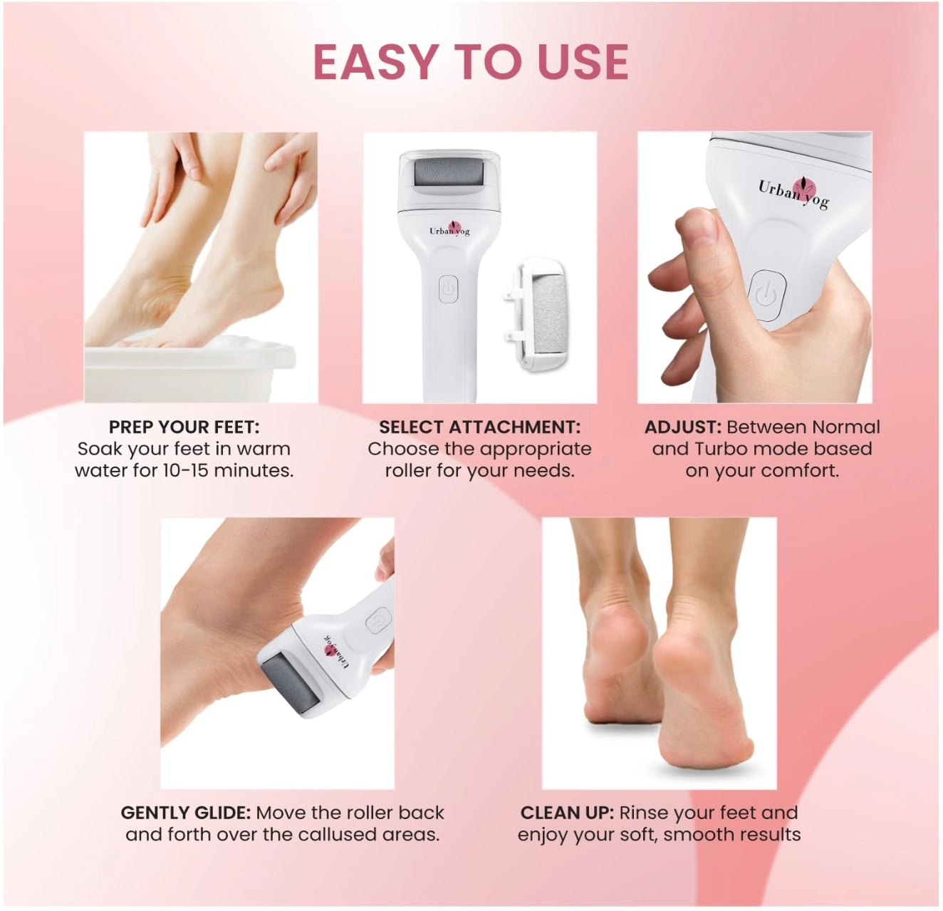 Urban Yog Electric Callus Remover for Feet – Rechargeable Foot File with Powerful Motor & 3 Roller Heads, Painless Pedicure Tool for Smooth, Soft Feet at Home