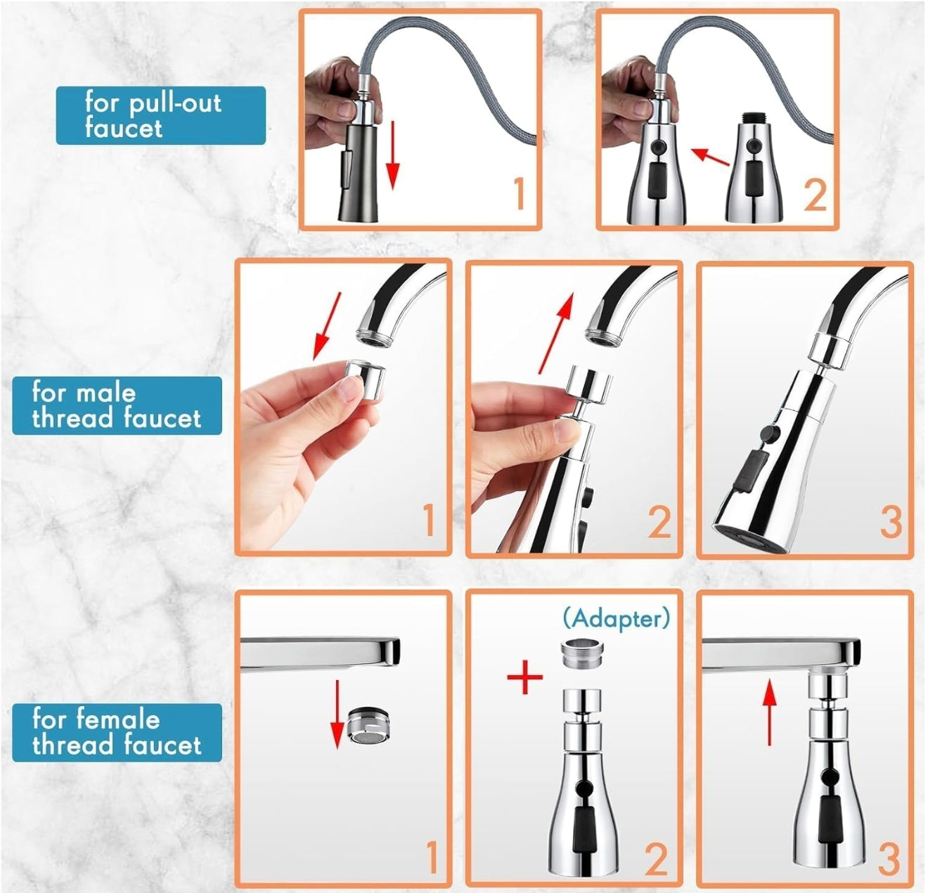 3-Mode Kitchen Faucet Sprayer Head – 360° Rotatable Universal Tap Nozzle Attachment with Stream, Spray, and Power Rinse Modes – Water Saving Faucet Aerator for Kitchen Sink, Pull Down Spray Head Replacement – Chrome Finish
