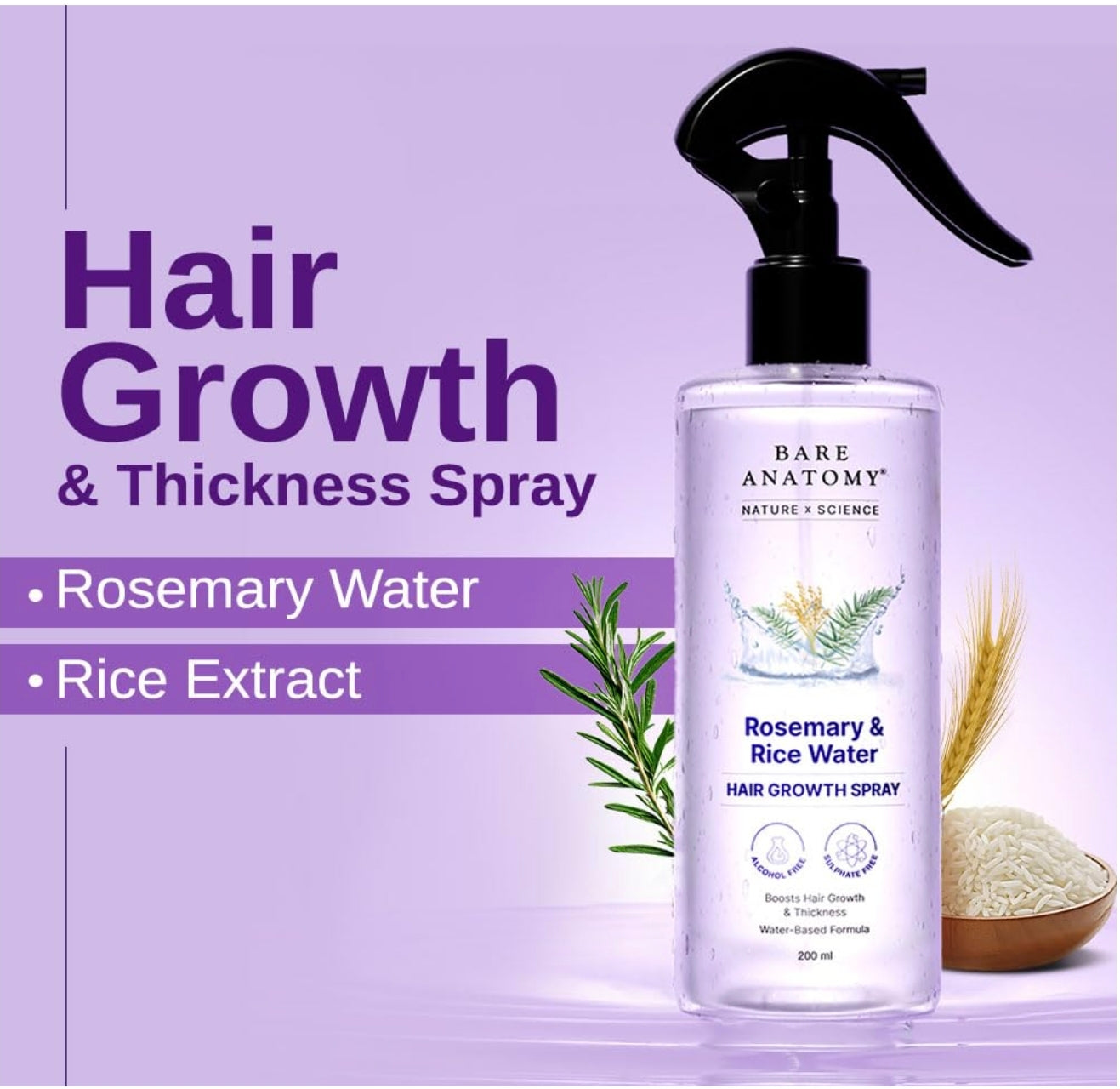 Bare Anatomy Nature X Science Rosemary Water Spray For Hair Growth & Thickness With Rice Water|100% Natural Extract|Soft & Smooth Hair|Controls Hairfall & Adds Shine|Non-Greasy & Fast Absorbing|200 Ml