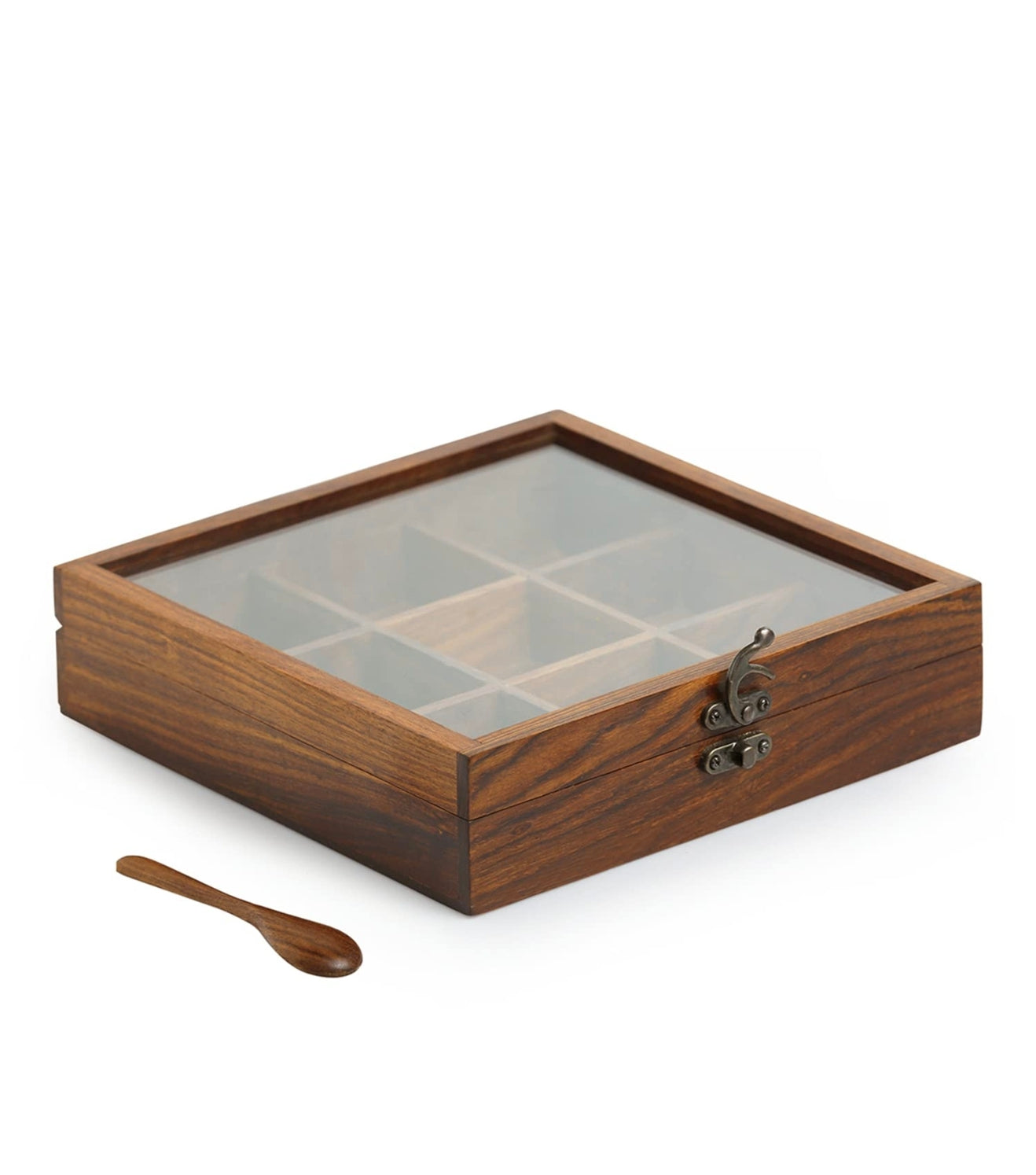 Premium Wooden Spice Box with 9 Compartments | Masala Organizer with Spoon & Transparent Lid | Traditional Indian Masala Dabba for Kitchen Storage