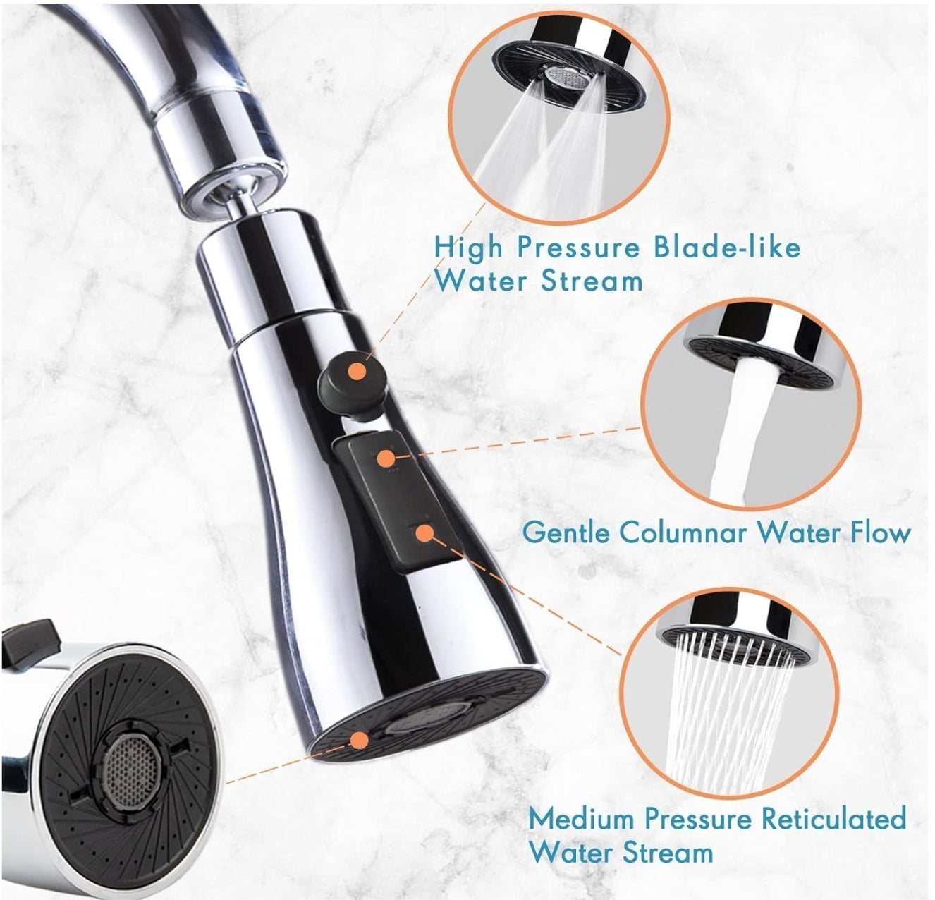 3-Mode Kitchen Faucet Sprayer Head – 360° Rotatable Universal Tap Nozzle Attachment with Stream, Spray, and Power Rinse Modes – Water Saving Faucet Aerator for Kitchen Sink, Pull Down Spray Head Replacement – Chrome Finish