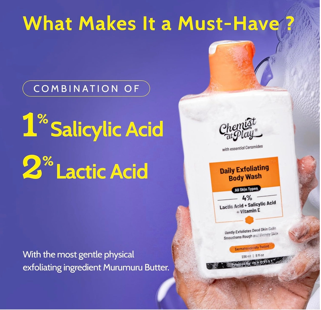 Chemist At Play Exfoliating Body Wash 236ml|4% (Salicylic Acid,Vitamin E & Lactic Acid)|Paraben & SLS Free|Gentle Exfoliating Shower Gel|Removes Tan & Body Acne|Prevents Dry,Rough,Bumpy Skin|Unisex