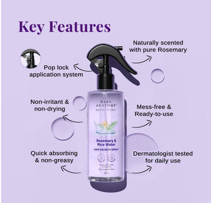 Bare Anatomy Nature X Science Rosemary Water Spray For Hair Growth & Thickness With Rice Water|100% Natural Extract|Soft & Smooth Hair|Controls Hairfall & Adds Shine|Non-Greasy & Fast Absorbing|200 Ml