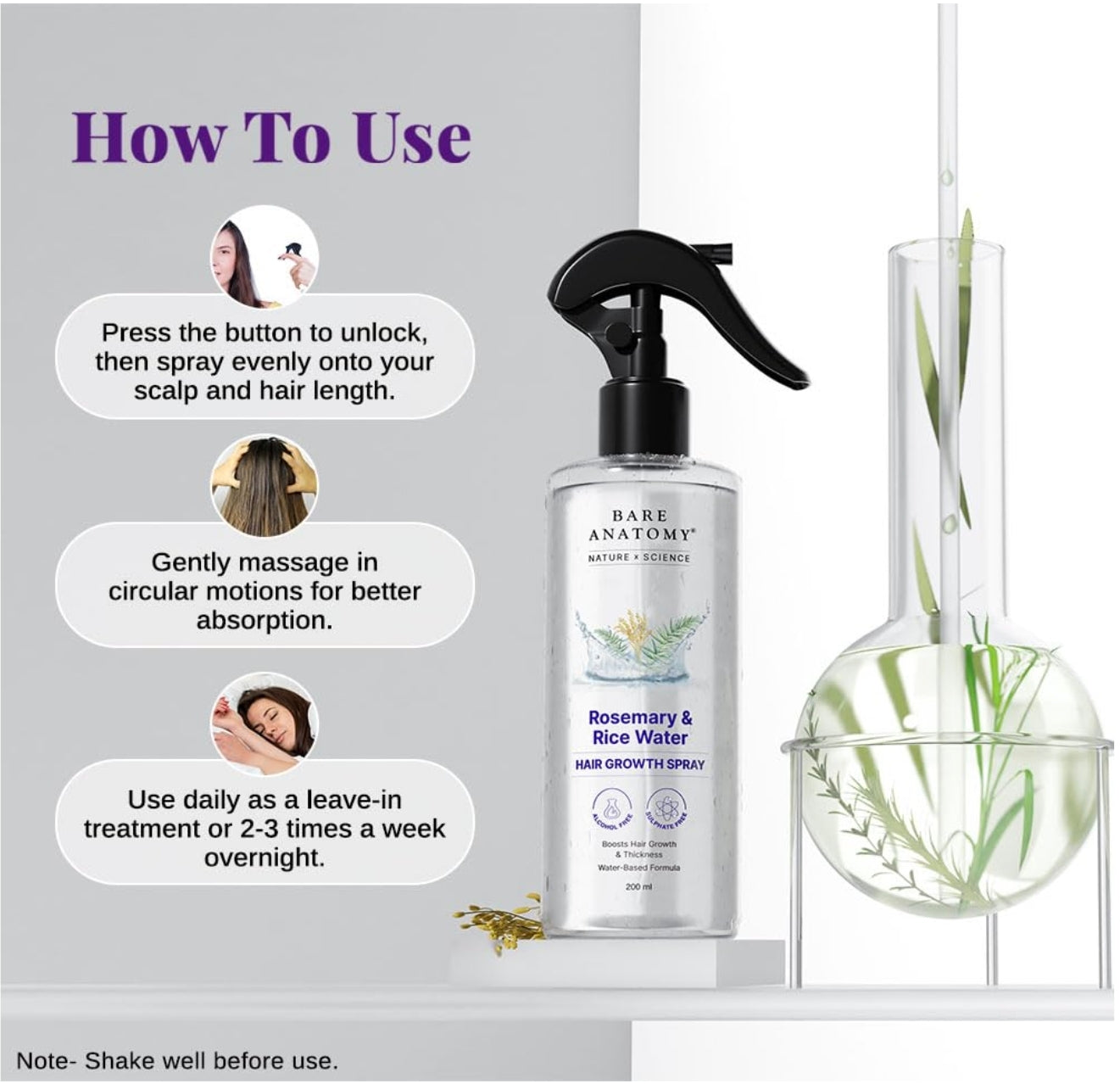 Bare Anatomy Nature X Science Rosemary Water Spray For Hair Growth & Thickness With Rice Water|100% Natural Extract|Soft & Smooth Hair|Controls Hairfall & Adds Shine|Non-Greasy & Fast Absorbing|200 Ml