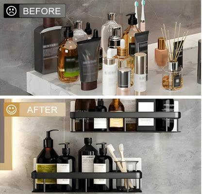 Wall-Mounted Bathroom Shelf Organizer – Heavy-Duty Rustproof Storage Rack with Adhesive Hooks | Space-Saving Shower Caddy for Toiletries, Shampoo, Soap & Essentials – Pack of 2 (Black Metal)