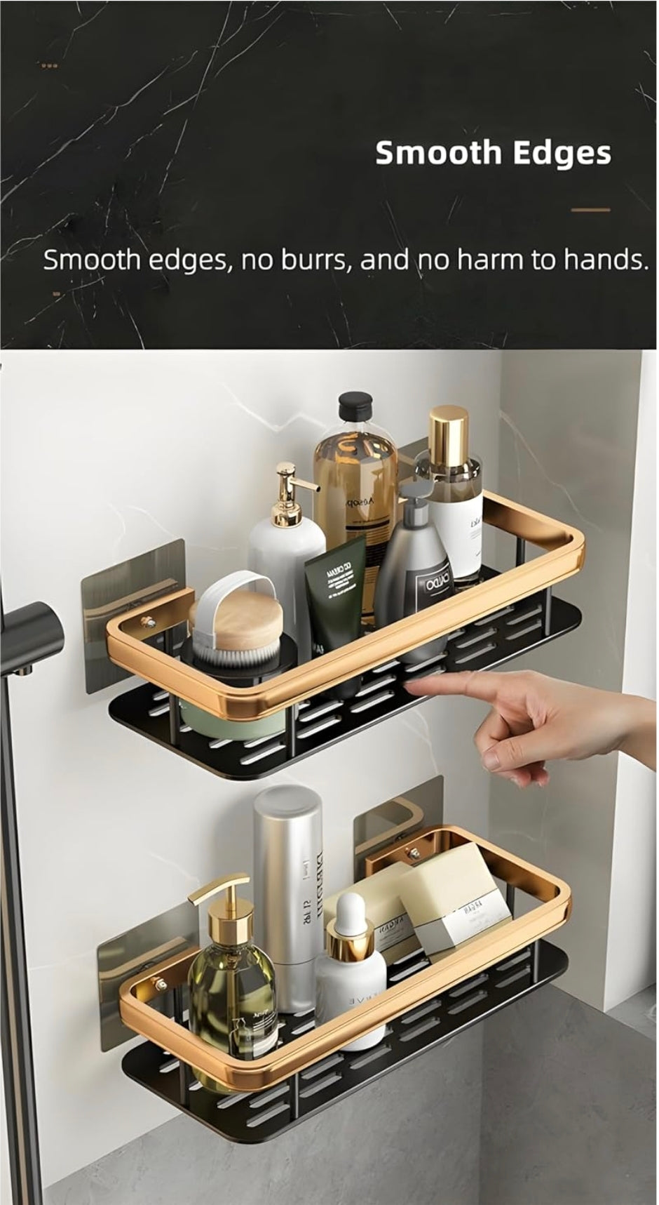 Wall-Mounted Bathroom Shelf Organizer – Heavy-Duty Rustproof Storage Rack with Adhesive Hooks | Space-Saving Shower Caddy for Toiletries, Shampoo, Soap & Essentials – Pack of 2 (Black Metal)