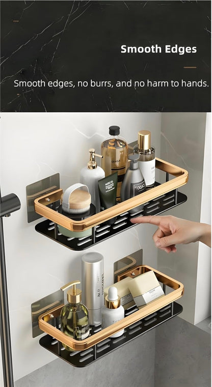 Wall-Mounted Bathroom Shelf Organizer – Heavy-Duty Rustproof Storage Rack with Adhesive Hooks | Space-Saving Shower Caddy for Toiletries, Shampoo, Soap & Essentials – Pack of 2 (Black Metal)
