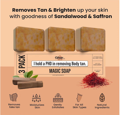 Ghar Soaps Sandalwood & Saffron Magic Soaps For Bath (300 Gms Pack Of 3) | Paraben Free | Chandan & Kesar Bath Soap | Handmade Soaps For Glowing | Skin Brightening Soap For Men & Women