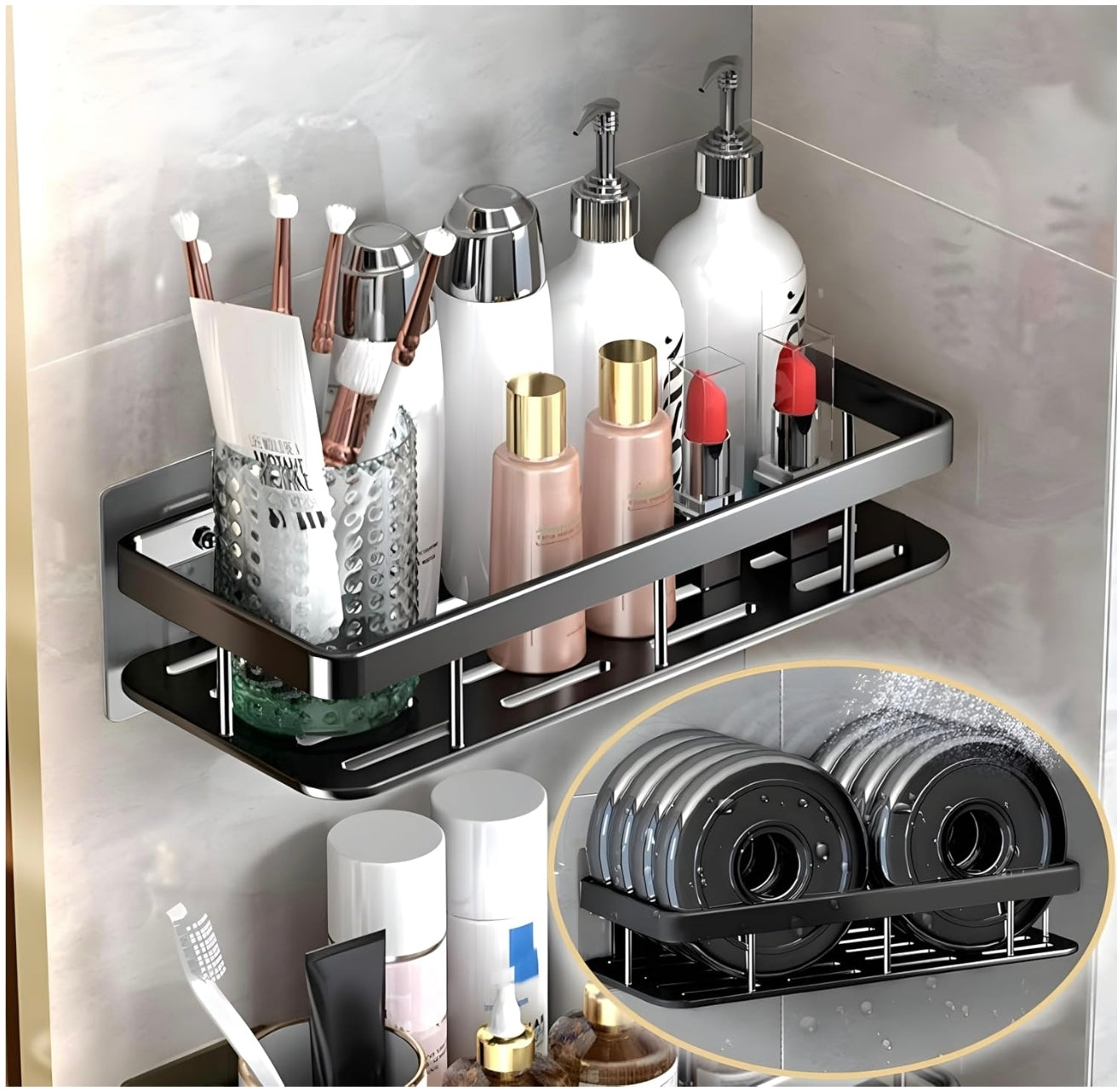 Wall-Mounted Bathroom Shelf Organizer – Heavy-Duty Rustproof Storage Rack with Adhesive Hooks | Space-Saving Shower Caddy for Toiletries, Shampoo, Soap & Essentials – Pack of 2 (Black Metal)