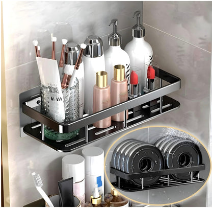 Wall-Mounted Bathroom Shelf Organizer – Heavy-Duty Rustproof Storage Rack with Adhesive Hooks | Space-Saving Shower Caddy for Toiletries, Shampoo, Soap & Essentials – Pack of 2 (Black Metal)