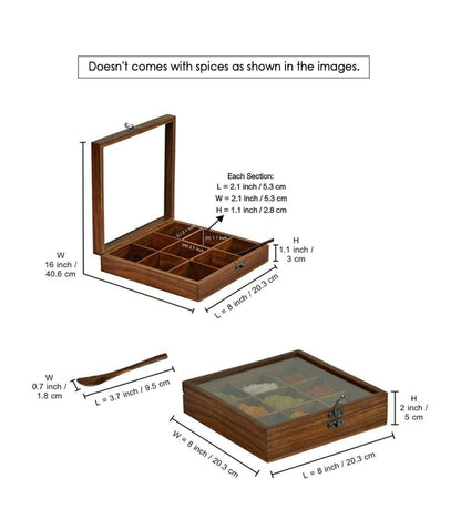 Premium Wooden Spice Box with 9 Compartments | Masala Organizer with Spoon & Transparent Lid | Traditional Indian Masala Dabba for Kitchen Storage