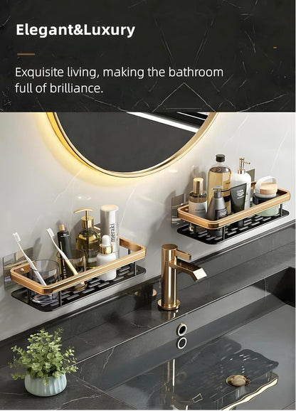 Wall-Mounted Bathroom Shelf Organizer – Heavy-Duty Rustproof Storage Rack with Adhesive Hooks | Space-Saving Shower Caddy for Toiletries, Shampoo, Soap & Essentials – Pack of 2 (Black Metal)
