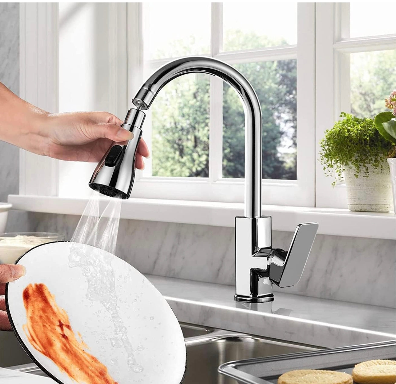 3-Mode Kitchen Faucet Sprayer Head – 360° Rotatable Universal Tap Nozzle Attachment with Stream, Spray, and Power Rinse Modes – Water Saving Faucet Aerator for Kitchen Sink, Pull Down Spray Head Replacement – Chrome Finish