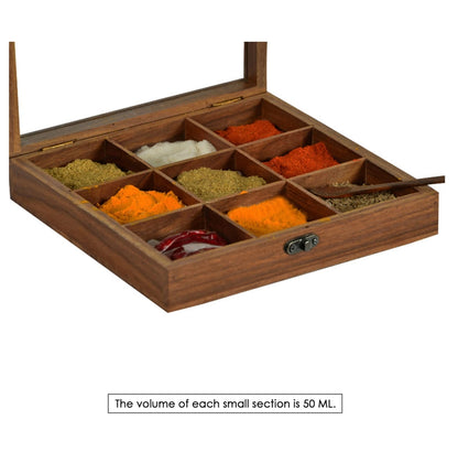 Premium Wooden Spice Box with 9 Compartments | Masala Organizer with Spoon & Transparent Lid | Traditional Indian Masala Dabba for Kitchen Storage