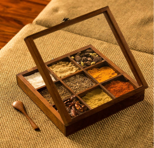 Premium Wooden Spice Box with 9 Compartments | Masala Organizer with Spoon & Transparent Lid | Traditional Indian Masala Dabba for Kitchen Storage