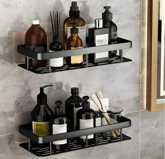 Wall-Mounted Bathroom Shelf Organizer – Heavy-Duty Rustproof Storage Rack with Adhesive Hooks | Space-Saving Shower Caddy for Toiletries, Shampoo, Soap & Essentials – Pack of 2 (Black Metal)