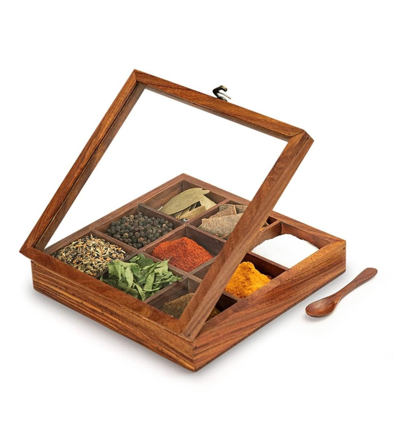 Premium Wooden Spice Box with 9 Compartments | Masala Organizer with Spoon & Transparent Lid | Traditional Indian Masala Dabba for Kitchen Storage