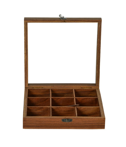 Premium Wooden Spice Box with 9 Compartments | Masala Organizer with Spoon & Transparent Lid | Traditional Indian Masala Dabba for Kitchen Storage