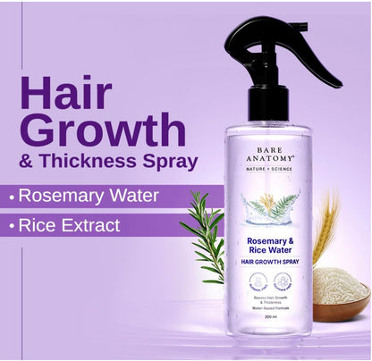 Bare Anatomy Nature X Science Rosemary Water Spray For Hair Growth & Thickness With Rice Water|100% Natural Extract|Soft & Smooth Hair|Controls Hairfall & Adds Shine|Non-Greasy & Fast Absorbing|200 Ml