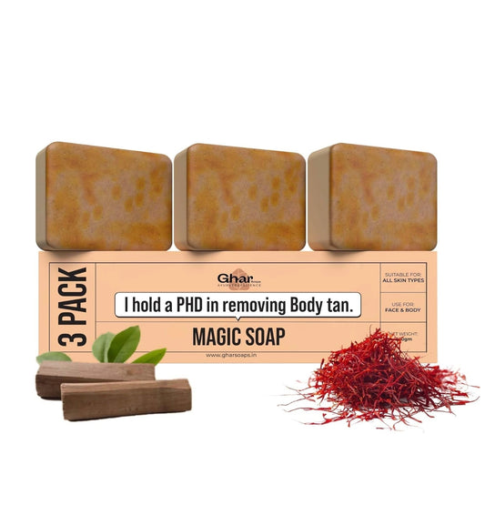 Ghar Soaps Sandalwood & Saffron Magic Soaps For Bath (300 Gms Pack Of 3) | Paraben Free | Chandan & Kesar Bath Soap | Handmade Soaps For Glowing | Skin Brightening Soap For Men & Women