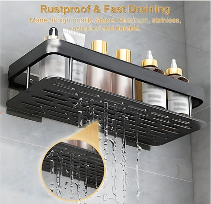 Wall-Mounted Bathroom Shelf Organizer – Heavy-Duty Rustproof Storage Rack with Adhesive Hooks | Space-Saving Shower Caddy for Toiletries, Shampoo, Soap & Essentials – Pack of 2 (Black Metal)