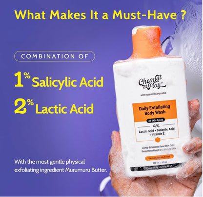 Chemist At Play Exfoliating Body Wash 236ml|4% (Salicylic Acid,Vitamin E & Lactic Acid)|Paraben & SLS Free|Gentle Exfoliating Shower Gel|Removes Tan & Body Acne|Prevents Dry,Rough,Bumpy Skin|Unisex
